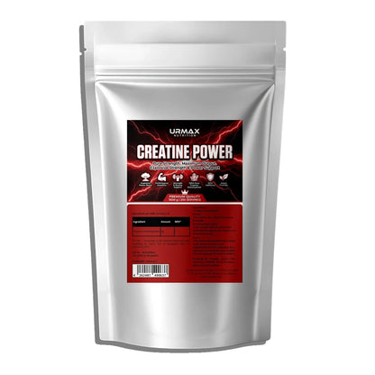 Urmax Creatine Power supplement pouch with bold red and black label, sports nutrition