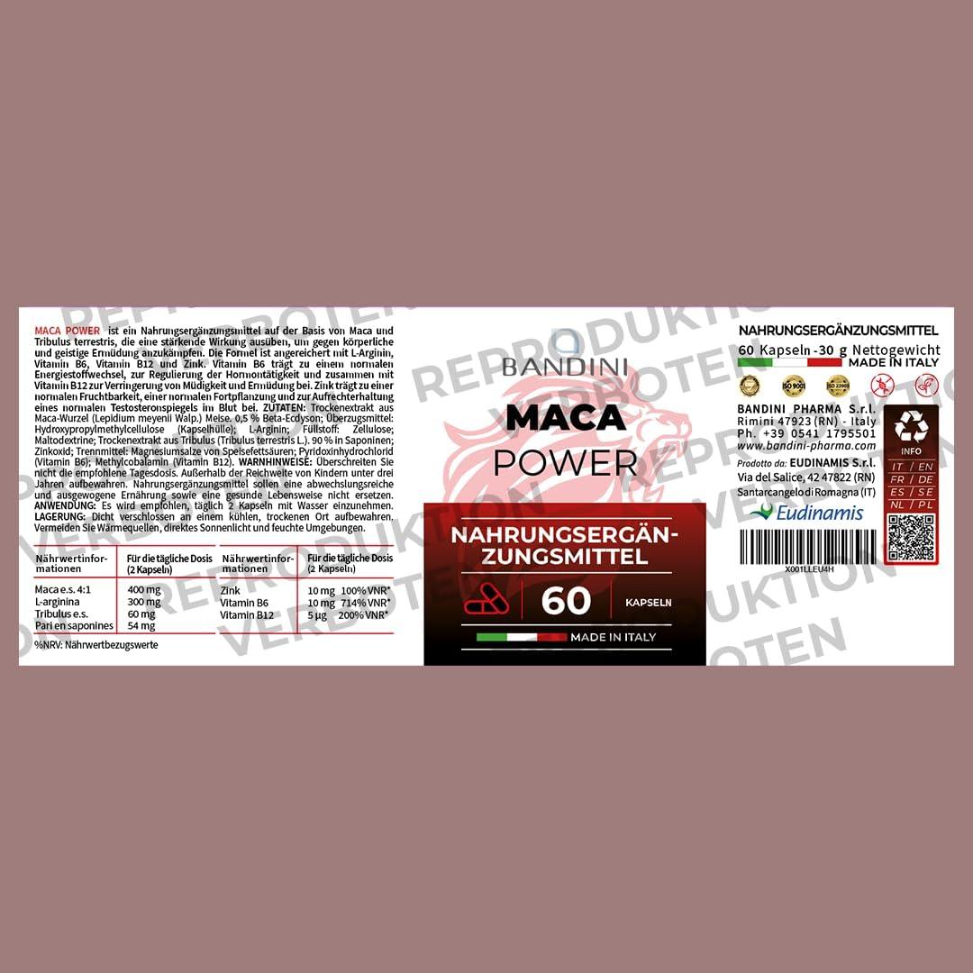 Bandini® Maca Power 60 Kapseln (schwarz) | Maca 4:1 Extrakt mit Tribulus Terrestris + Arginin + Zink + B6 + B12 | Immunsystem, Stress, Müdigkeit | Laborgeprüft, hochdosiert, Vegan, ohne Zusätze - urmax