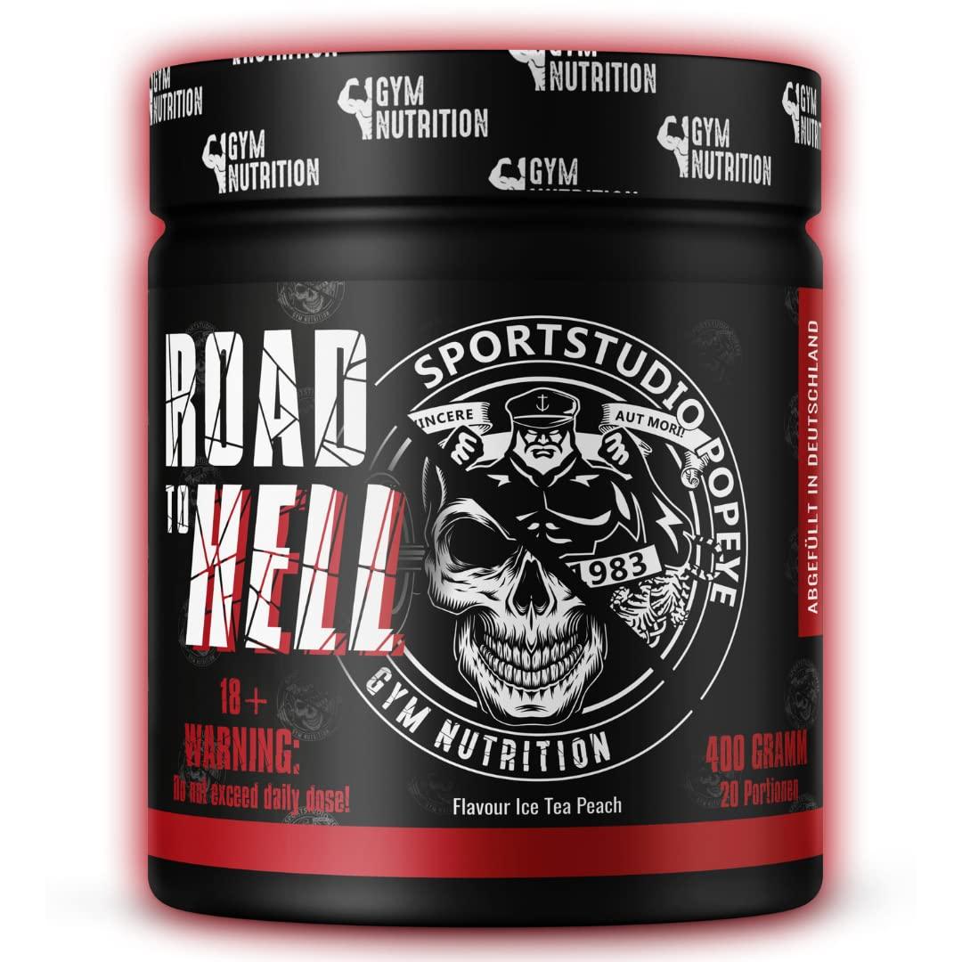 ROAD TO HELL - Ultra Hardcore Booster Pre workout - Pulver - ATP + L-Arginin + Citrullin + Beta Alanin + Koffein 400g in Zusammenarbeit mit Sportstudio Popeye Ice Tea Peach Geschmack Vegan - urmax
