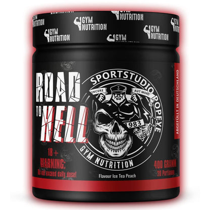 ROAD TO HELL - Ultra Hardcore Booster Pre workout - Pulver - ATP + L-Arginin + Citrullin + Beta Alanin + Koffein 400g in Zusammenarbeit mit Sportstudio Popeye Ice Tea Peach Geschmack Vegan - urmax