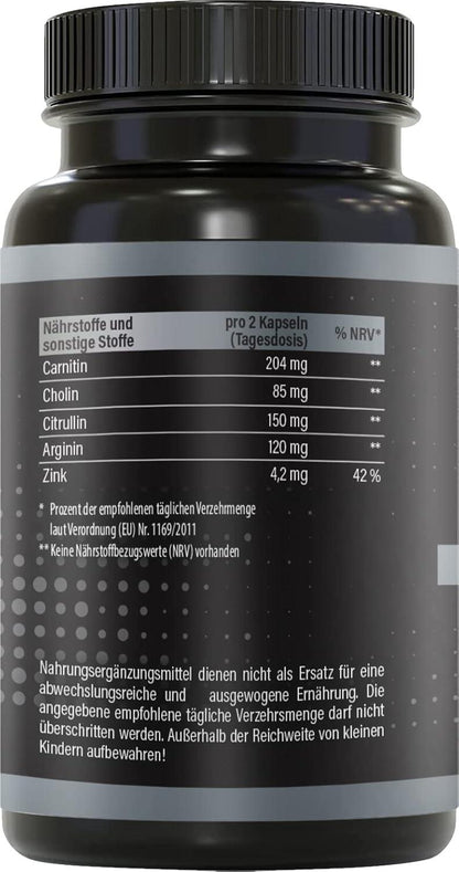 BRNR GYM BRNR Pre Workout Fitness-Formel mit L-Carnitin, Citrullin, Arginin, Stoffwechsel-Matrix mit Cholin, Aminosäuren Komplex hochdosiert, 120 Kapseln - urmax