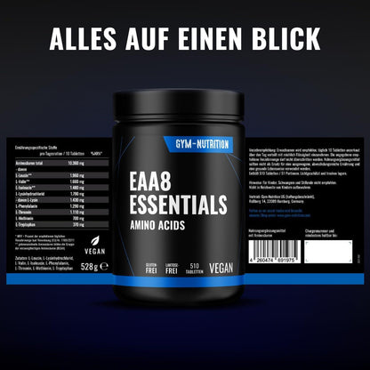 EAA Tablets - 510 EAA Tablets with 1036 mg Each - All 8 Essential Amino Acids - Vegan - High Dose - Bottled in Germany - No Additives and Chemicals Gedöns - urmax