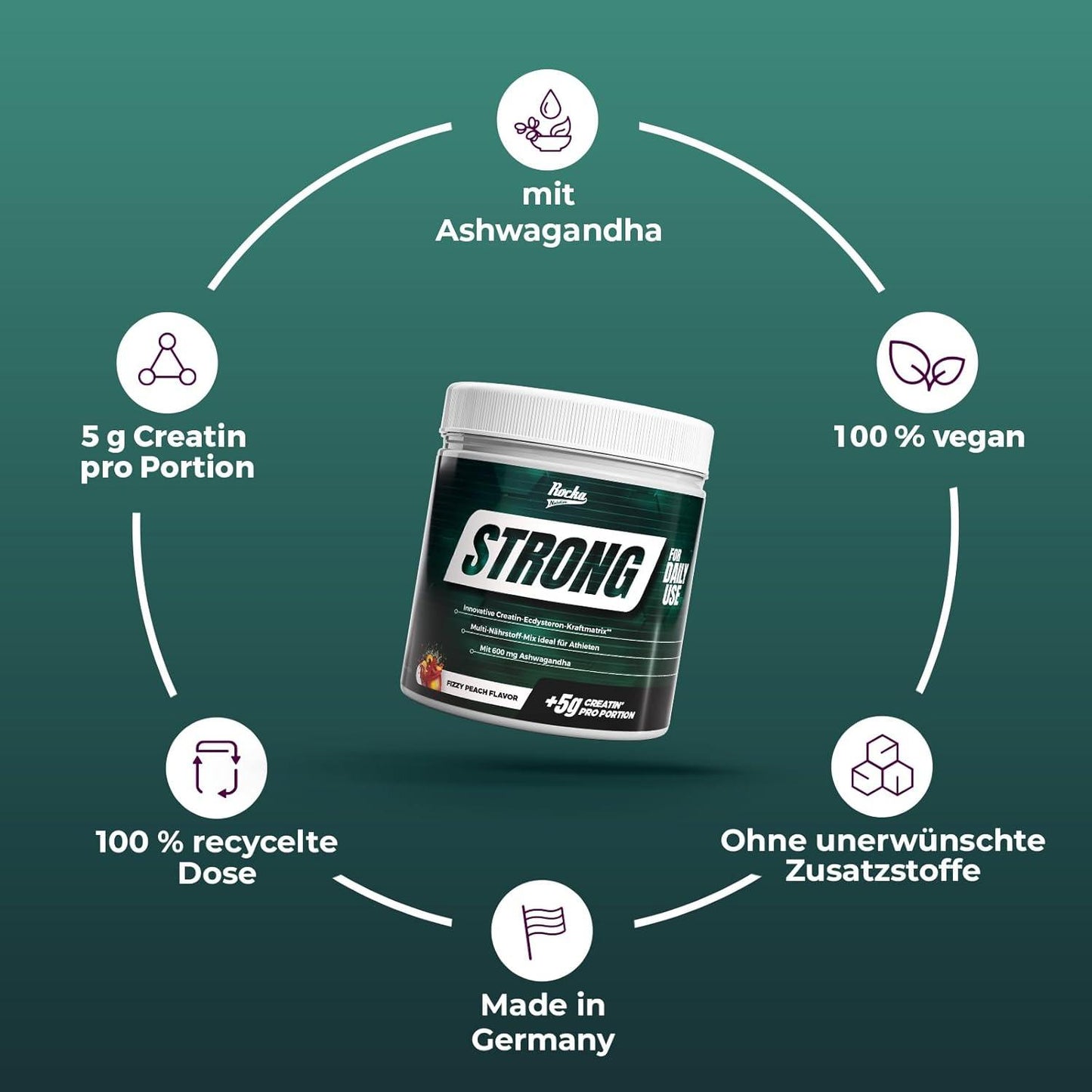 ⚡ Rocka Nutrition STRONG – 330 г | Мулти-нутриентен микс с креатин, ашваганда, витамин K2+D3, магнезий и цинк 🏋️ За мъже, които искат повече сила и издръжливост | Веган формула за мощ и възстановяване | Произведено в Германия - urmax
