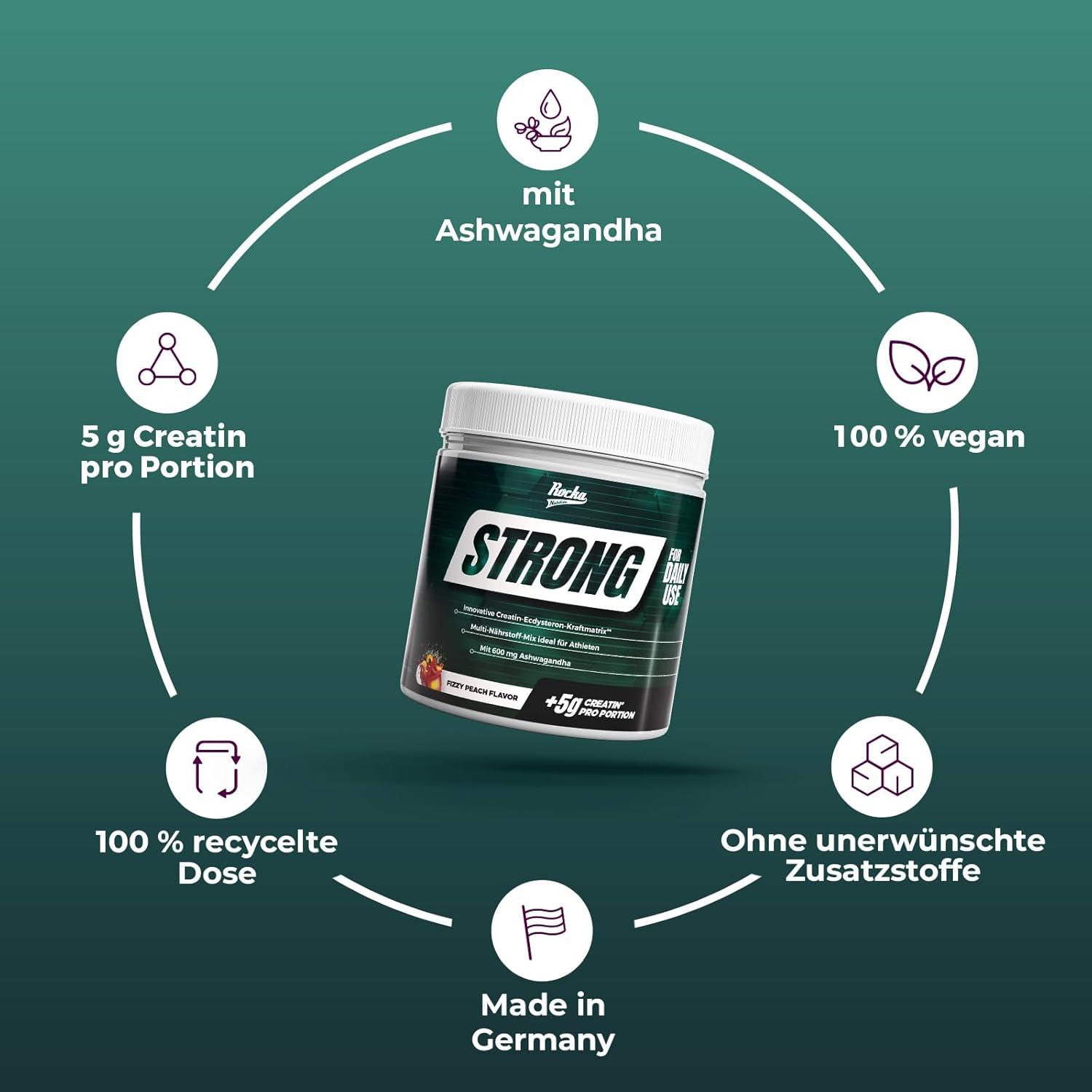 ⚡ Rocka Nutrition STRONG – 330 г | Мулти-нутриентен микс с креатин, ашваганда, витамин K2+D3, магнезий и цинк 🏋️ За мъже, които искат повече сила и издръжливост | Веган формула за мощ и възстановяване | Произведено в Германия - urmax