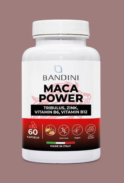 Bandini® Maca Power 60 Kapseln (schwarz) | Maca 4:1 Extrakt mit Tribulus Terrestris + Arginin + Zink + B6 + B12 | Immunsystem, Stress, Müdigkeit | Laborgeprüft, hochdosiert, Vegan, ohne Zusätze - urmax