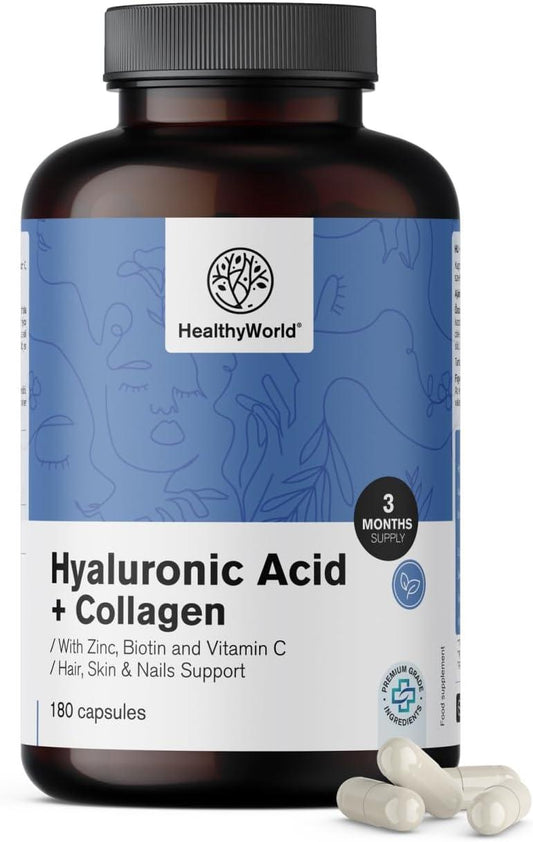 HealthyWorld Hyaluronic Acid + Collagen Complex - 180 Plant Capsules - With Zinc, Vitamin C, Biotin and Selenium - For Hair, Nails and Skin - 1000 mg Hydrolyzed Collagen - urmax