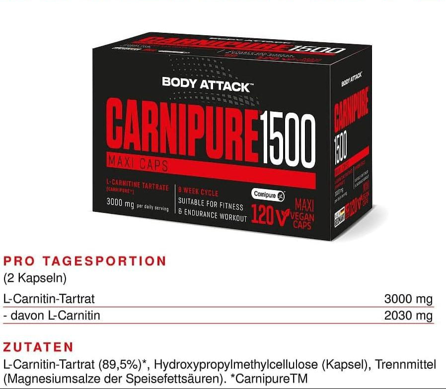 Body Attack Carnipure™ 1500, 120 Kapseln - patentiertes, reines & hochdosiertes L-Carnitin, Maxi Caps, Laborgeprüfte Premium-Qualität, Made in Germany - urmax
