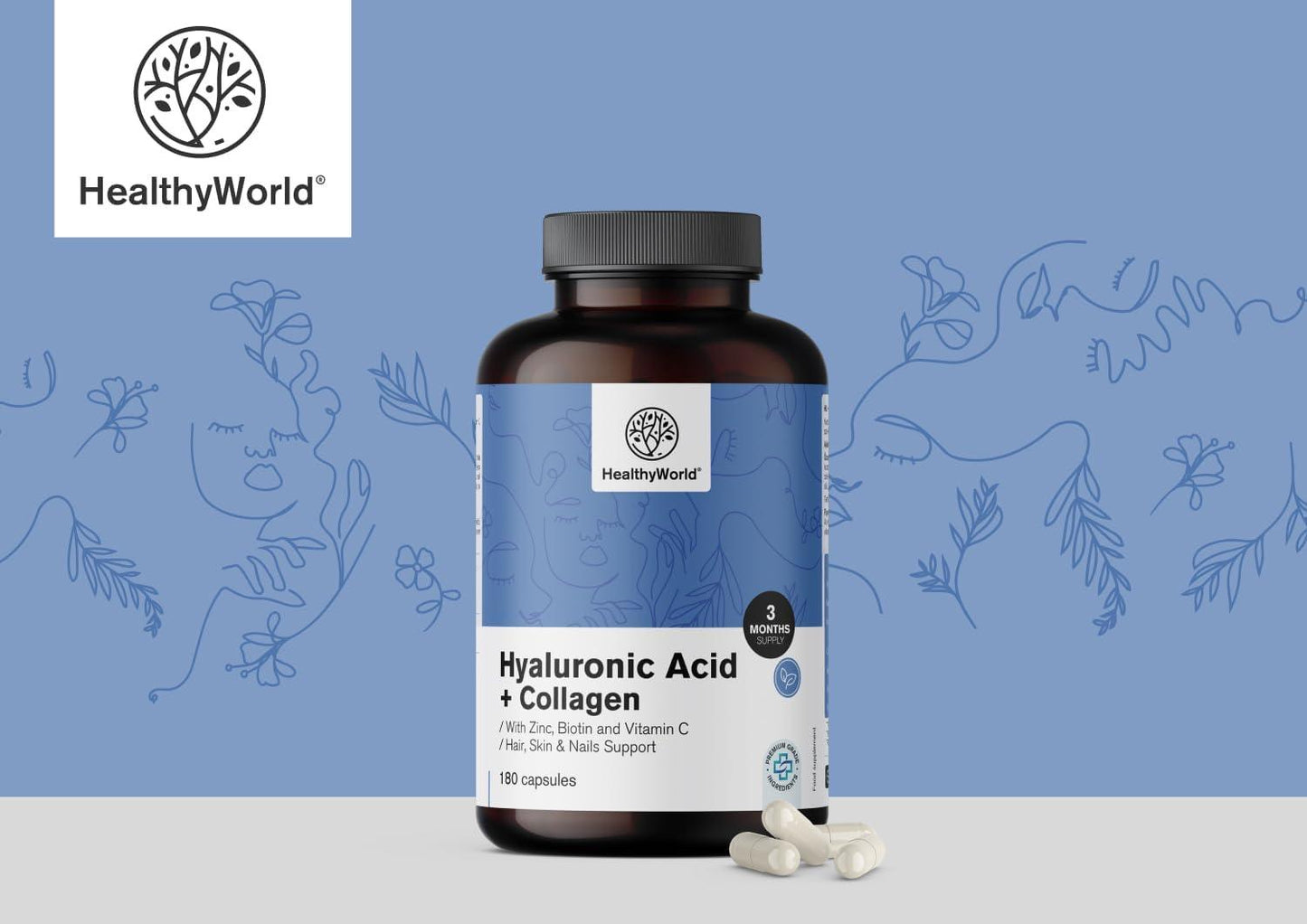 HealthyWorld Hyaluronic Acid + Collagen Complex - 180 Plant Capsules - With Zinc, Vitamin C, Biotin and Selenium - For Hair, Nails and Skin - 1000 mg Hydrolyzed Collagen - urmax