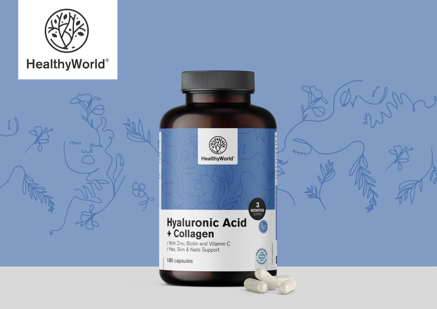 HealthyWorld Hyaluronic Acid + Collagen Complex - 180 Plant Capsules - With Zinc, Vitamin C, Biotin and Selenium - For Hair, Nails and Skin - 1000 mg Hydrolyzed Collagen - urmax
