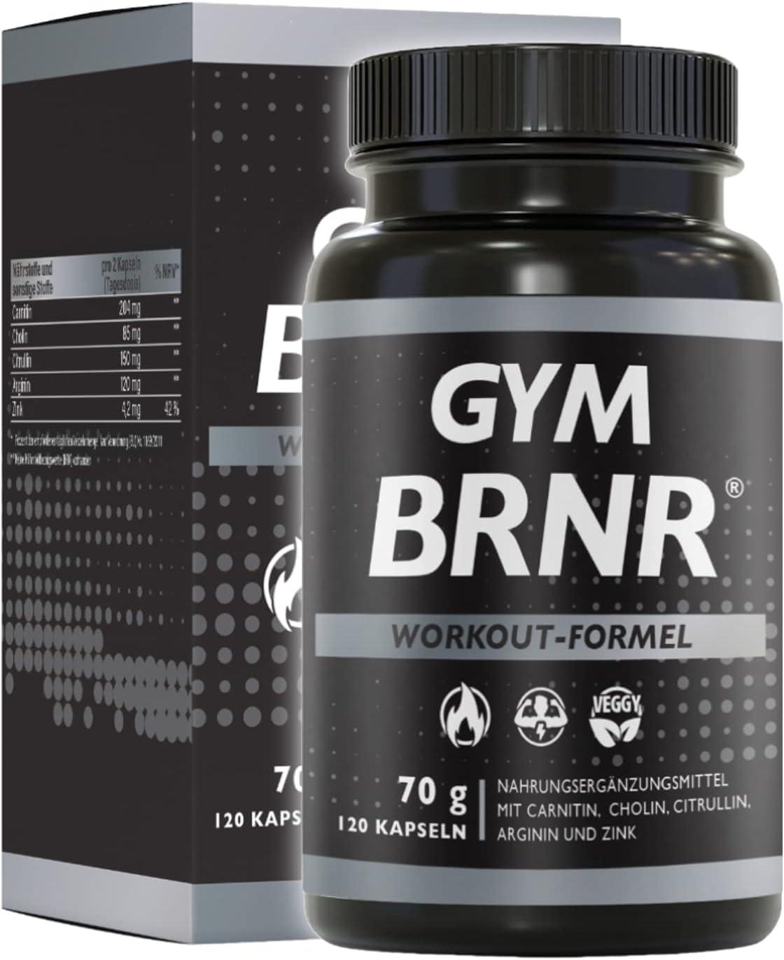 BRNR GYM BRNR Pre Workout Fitness-Formel mit L-Carnitin, Citrullin, Arginin, Stoffwechsel-Matrix mit Cholin, Aminosäuren Komplex hochdosiert, 120 Kapseln - urmax