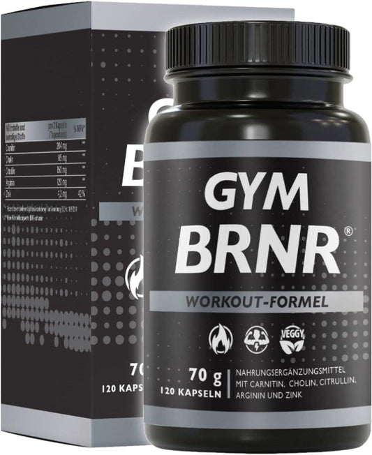 BRNR GYM BRNR Pre Workout Fitness-Formel mit L-Carnitin, Citrullin, Arginin, Stoffwechsel-Matrix mit Cholin, Aminosäuren Komplex hochdosiert, 120 Kapseln - urmax