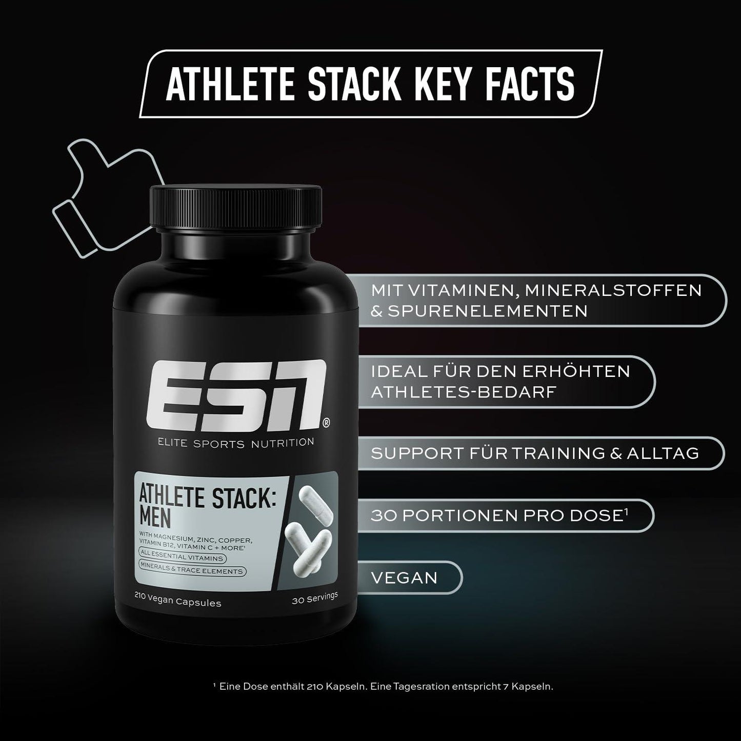 ESN Athlete Stack Men, 210 Kapseln, Alle essentiellen Vitamine und Mineralstoffe, Vegan, Geprüfte Qualität - Made in Germany - urmax