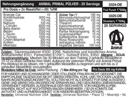 🔥 Universal Nutrition ANIMAL PRIMAL – Ултимативен Pre-Workout Booster за Максимална Енергия и Издръжливост | 507g | Ягодово-Динен Вкус - urmax