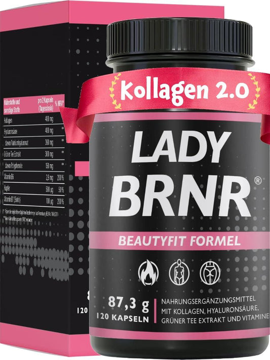 BRNR LADY BRNR - BeautyFit Stoffwechsel Formel mit Vitamin B6, Bindegewebe mit Kupfer, Kollagen, Hyaluron hochdosiert, Biotin, 120 Kapseln - urmax