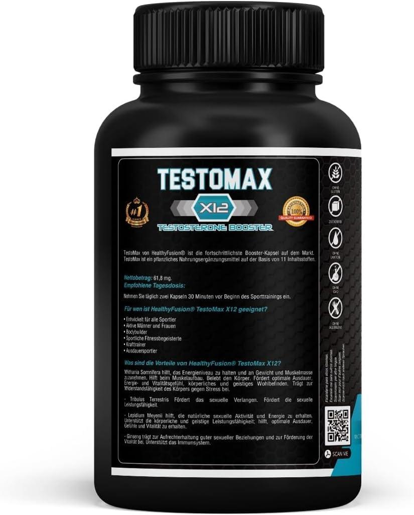 Healthy Fusion TestoMax Testosterone Booster Maca, Ginseng, Tribulus, Taurine and Vitamins Promotes Muscle Building Fat Burning and Revitalising Effect 120 Capsules - urmax