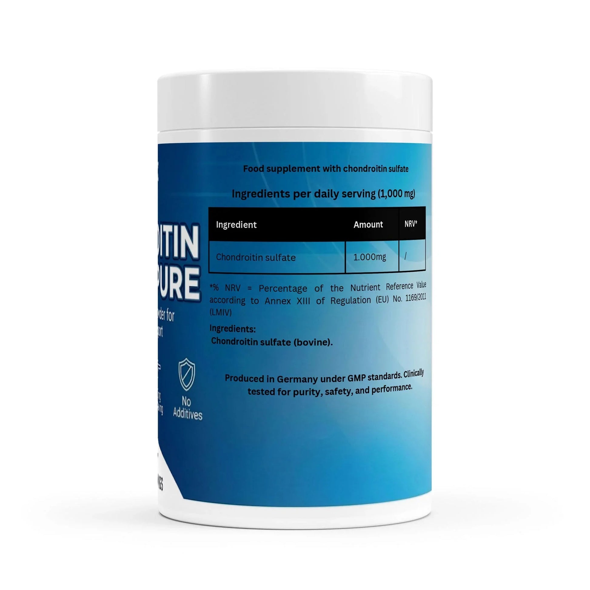 Chondroitin sulfate food supplement container from urmax, blue label, 1000mg dosage info