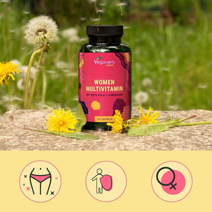 Multivitamin Women Vegavero® | VEGAN | Vitamine & Mineralien für die Frau | Premium Markenrohstoffe | Mit Gotu Kola & Löwenzahn | A-Z Vitamins | Ohne Zusätze | 120 Kapseln - urmax