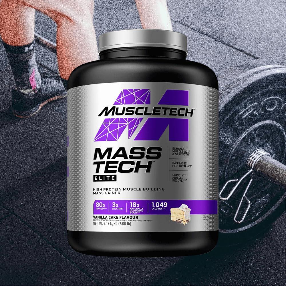 MuscleTech MassTech Elite Proteinpulver, Baut Muskelgröße Und -Stärke Auf, Molkenisola Massenproteinpulver Mit 3 g Kreatin, 80 g Protein, 18 g BCAA, 14 Portionen, 3,2 kg - urmax