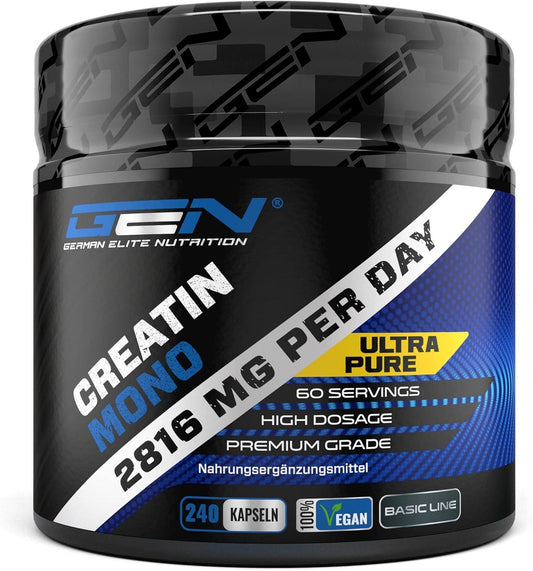 GEN GERMAN ELITE NUTRITION Creatine - 240 Vegan Capsules - High Dose with 3200 mg Creatine Monohydrate per Day - Premium: Ultra Fine + Mesh Factor of 200 - Laboratory Tested - Vegan - urmax