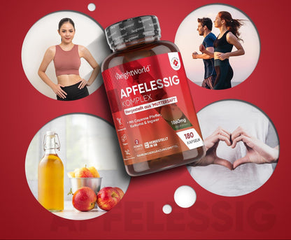 Apfelessig Kapseln - 1860mg Apfelessig Komplex mit Essigmutter & Probiotika mit Lactobacillus Gasseri, Kurkuma, Ingwer & Cayenne Pfeffer - 180 Stück für 2 Monate - Apple Cider Vinegar - WeightWorld - urmax
