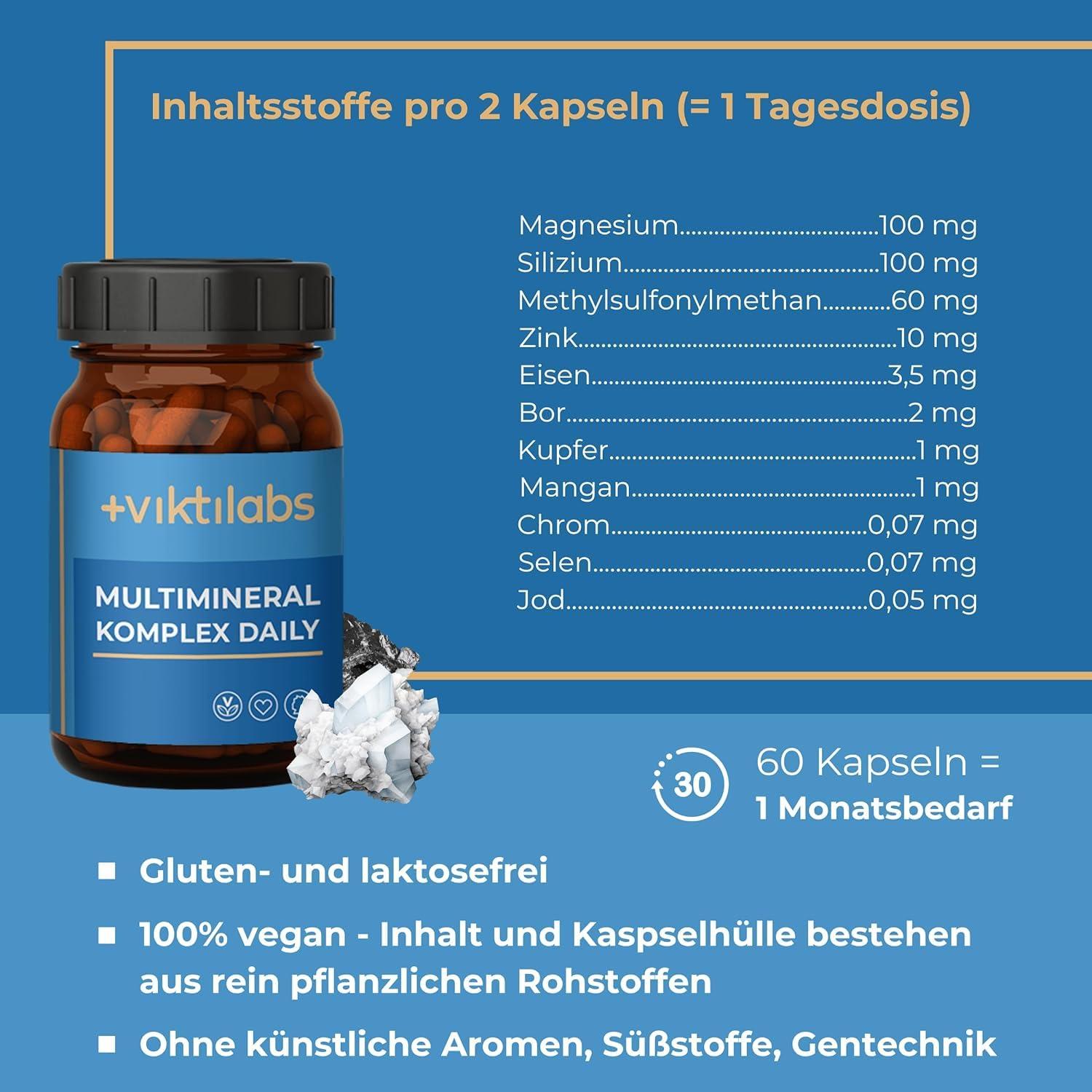 Viktilabs© Multimineral Komplex Daily - Vegan | Hochdosiert mit Magnesium, Silizium, Zink, Eisen, Bor, Kupfer, Mangan, Chrom, Selen, Jod | Laborgeprüft | Ohne Zusätze - 60 Kapseln | Monatsvorrat - urmax