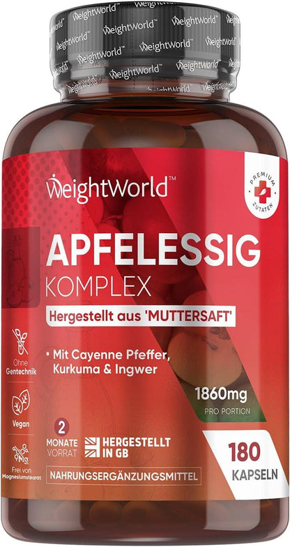 Apfelessig Kapseln - 1860mg Apfelessig Komplex mit Essigmutter & Probiotika mit Lactobacillus Gasseri, Kurkuma, Ingwer & Cayenne Pfeffer - 180 Stück für 2 Monate - Apple Cider Vinegar - WeightWorld - urmax