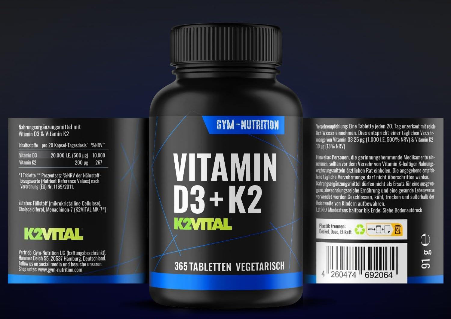 Vitamin D3 K2 20.000 I.E + Vitamin K2-365 Tabletten - 99,7+% All-Trans K2-MK7 - Vegan - K2VITAL®Depot - 365 Tabletten - 99,7+% All-Trans - Hochdosiert - - urmax