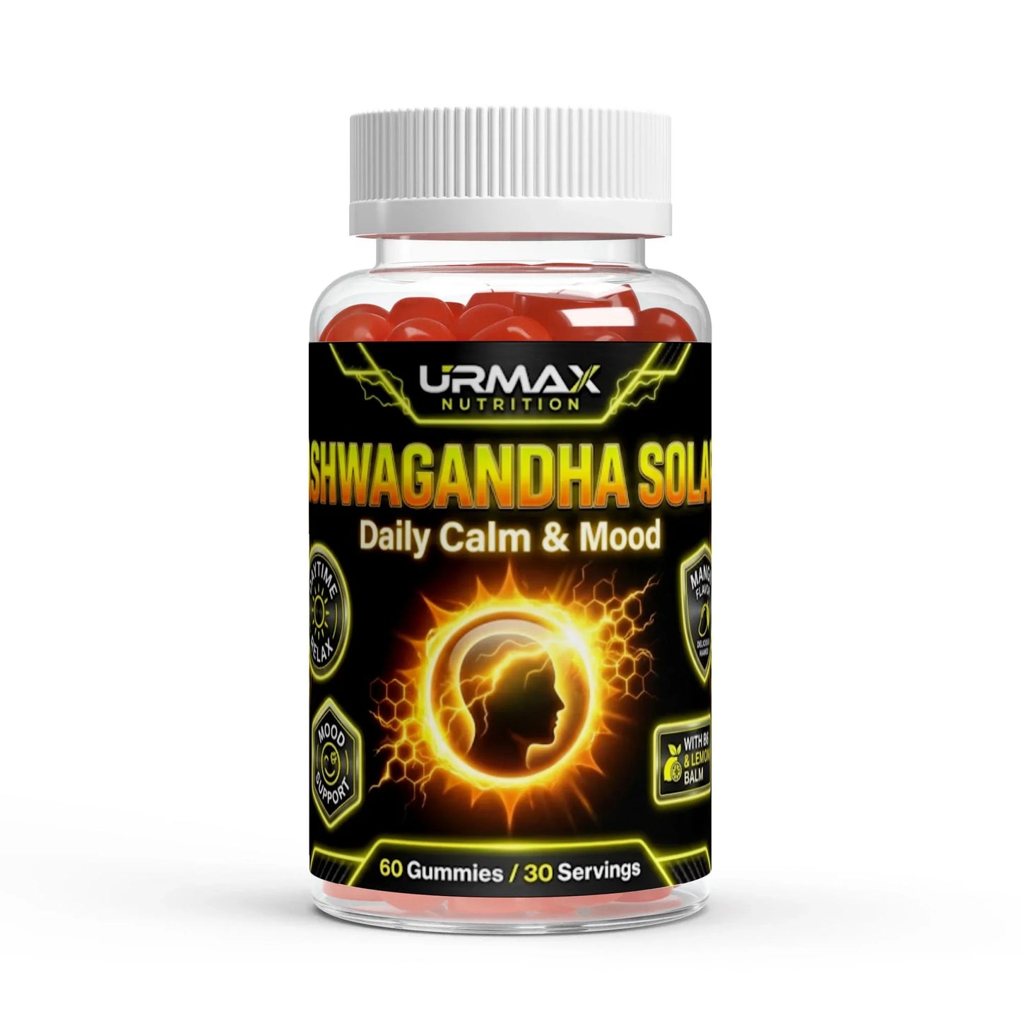 Urmax Ashwagandha Solar Daily Calm & Mood gummies bottle, 60 count dietary supplement