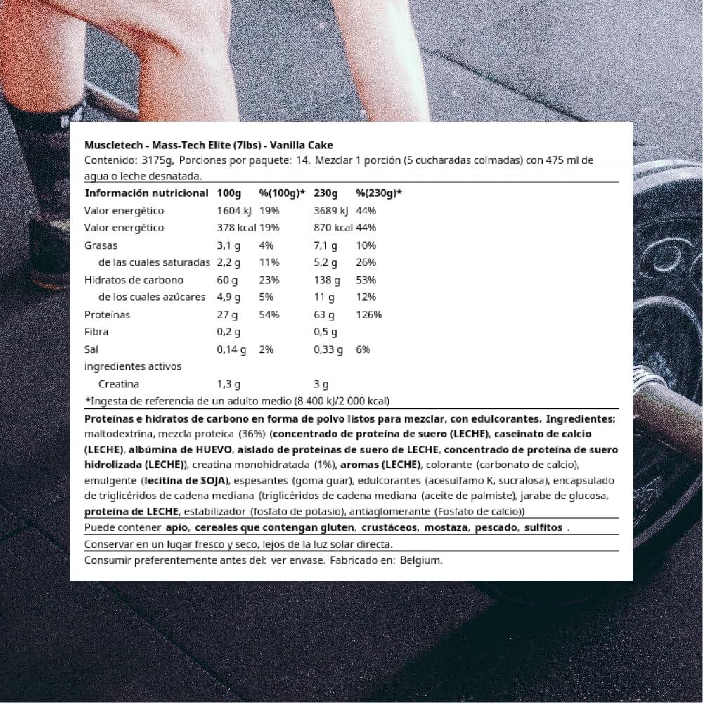 MuscleTech MassTech Elite Proteinpulver, Baut Muskelgröße Und -Stärke Auf, Molkenisola Massenproteinpulver Mit 3 g Kreatin, 80 g Protein, 18 g BCAA, 14 Portionen, 3,2 kg - urmax
