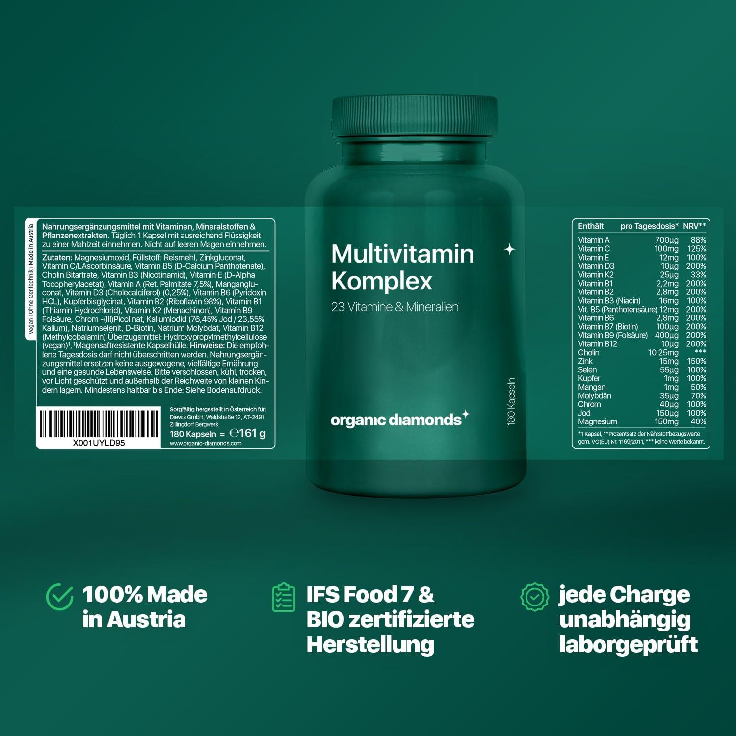 ORGANIC DIAMONDS® Multivitamin Capsules - 180 Premium Multivitamin Capsules for Immune System, Metabolism and Nervous System - Vitamins & Minerals Capsules Made in Austria - urmax