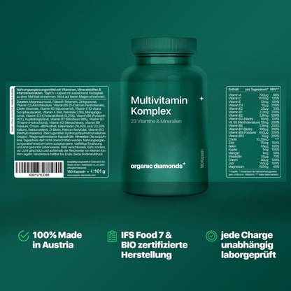 ORGANIC DIAMONDS® Multivitamin Capsules - 180 Premium Multivitamin Capsules for Immune System, Metabolism and Nervous System - Vitamins & Minerals Capsules Made in Austria - urmax