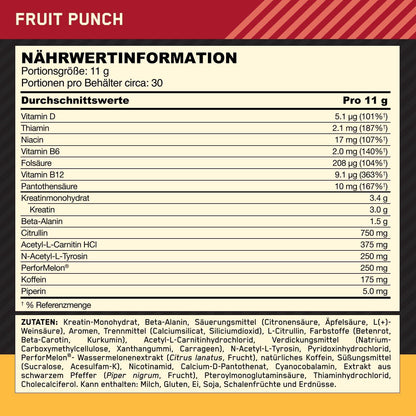 Optimum Nutrition Gold Standard Pre Workout Powder, Nahrungsergänzungsmittel mit Kreatin Monohydrat, Beta Alanin, Koffein und Vitamin B Komplex, Fruchtpunsch-Geschmack, 30 Portionen, 330 g - urmax