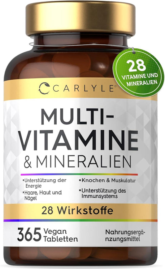 Multivitamin Tablets High Dose with 28 Vitamins & Minerals | 365 Vegan Pieces | Immune System & Blood Pressure (EFSA) | Dietary Supplement Women & Men | Minerals Complex | by Carlyle - urmax