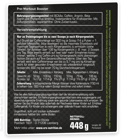 SRS Muscle - Pregator, 448 g, Green Apple Shock | Pre Workout Booster | kreatinfrei | deutsche Premiumqualität - urmax