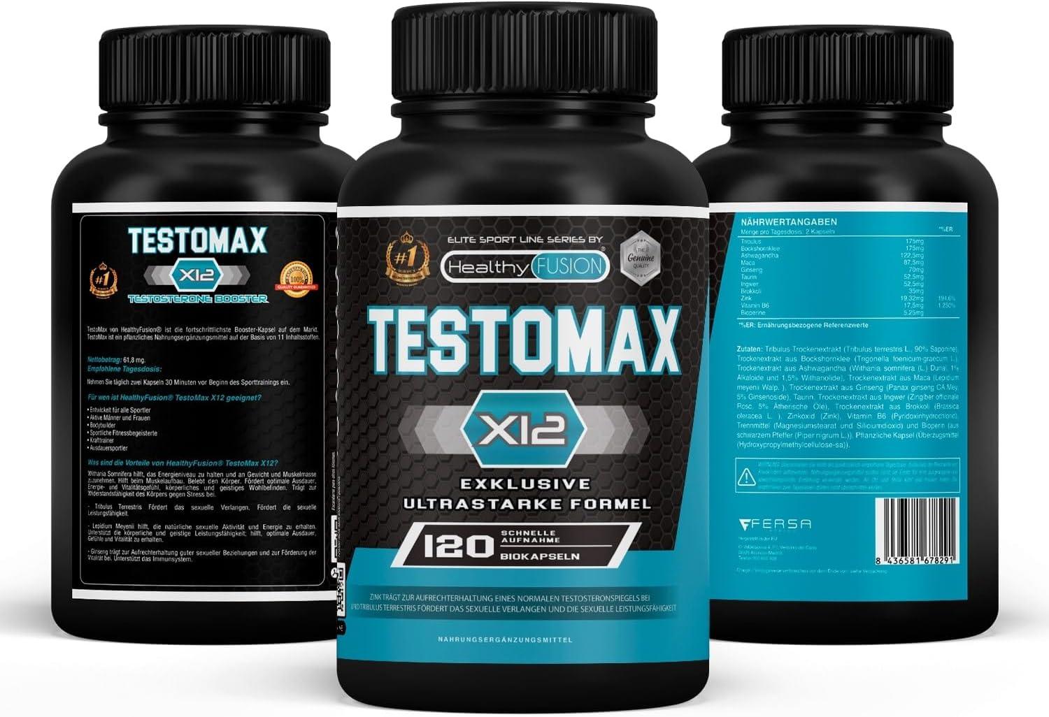 Healthy Fusion TestoMax Testosterone Booster Maca, Ginseng, Tribulus, Taurine and Vitamins Promotes Muscle Building Fat Burning and Revitalising Effect 120 Capsules - urmax