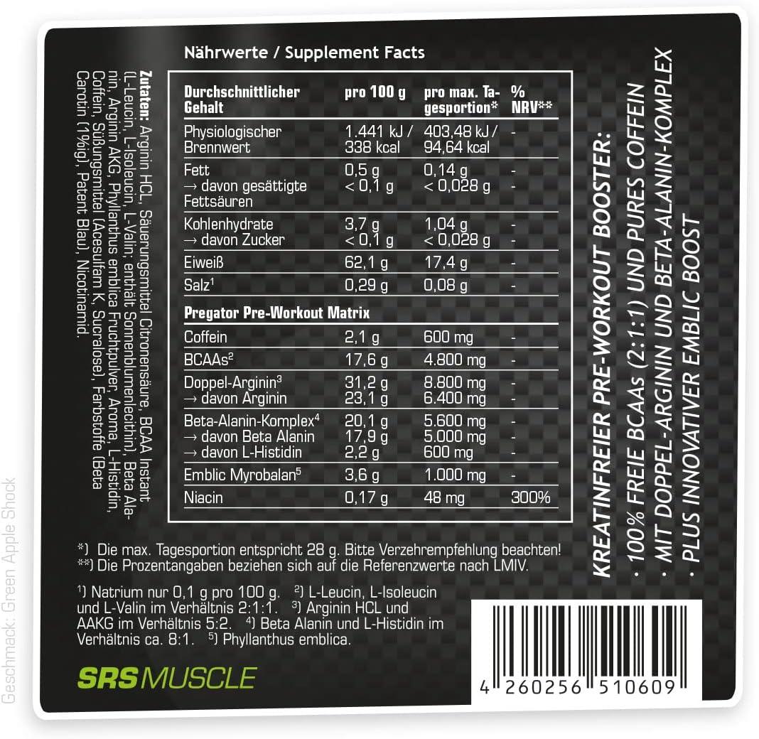 SRS Muscle - Pregator, 448 g, Green Apple Shock | Pre Workout Booster | kreatinfrei | deutsche Premiumqualität - urmax