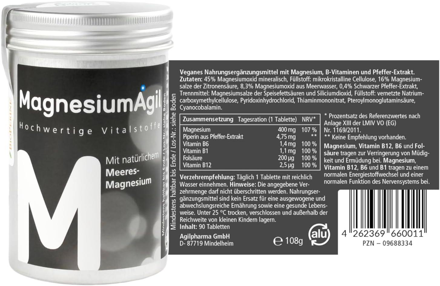 AgilNature MagnesiumAgil - Allround-Ergänzung für Sport, Fitness & Wohlbefinden - 400mg Magnesium + B-Vitaminen unterstützt Muskelaufbau, Knochengesundheit & Energie - Vegan, made in Germany - urmax