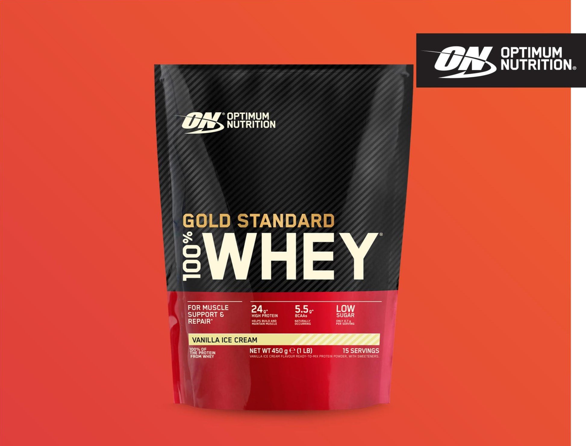 Optimum Nutrition Gold Standard 100% Molkenproteinpulver für Muskelaufbau und -regeneration mit natürlich vorkommendem Glutamin und BCAA-Aminosäuren, Vanilla Ice Cream, 15 Portionen, 450 g - urmax