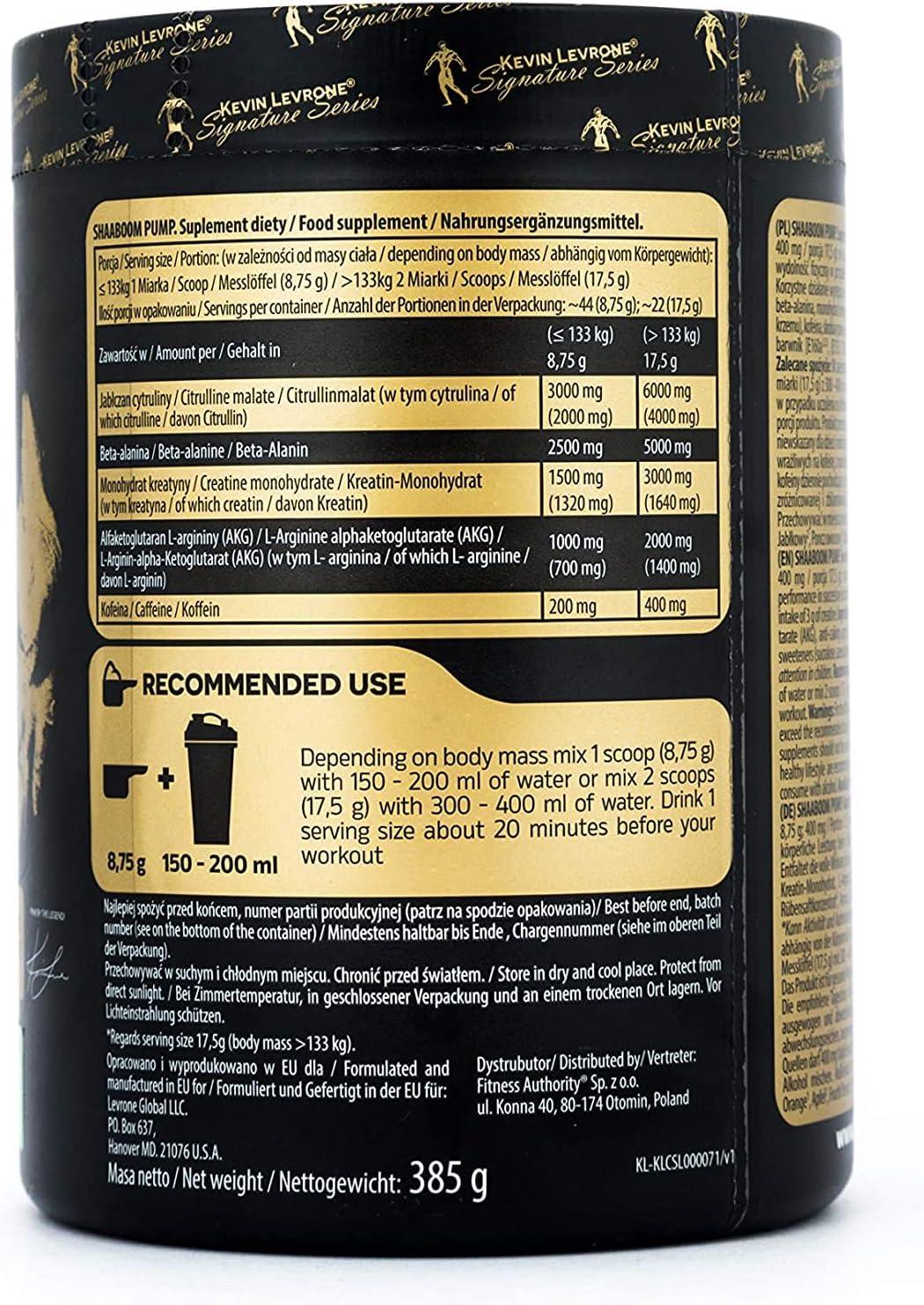 Fitness Authority Kevin Levron Shaaboom Pump Black Line Pre-Workout Booster 385 g per Container Flavour: Mango Lemon Hardcore Pump Training Powder Citruline Caffeine Beta Alanine - urmax