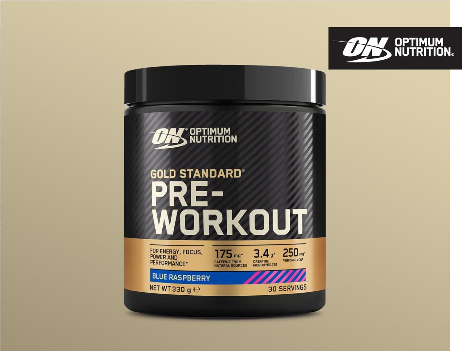 Optimum Nutrition Gold Standard Pre Workout Powder, Nahrungsergänzungsmittel mit Kreatin Monohydrat, Beta Alanin, Koffein und Vitamin B Komplex, Himbeer-Geschmack, 30 Portionen, 330 g - urmax