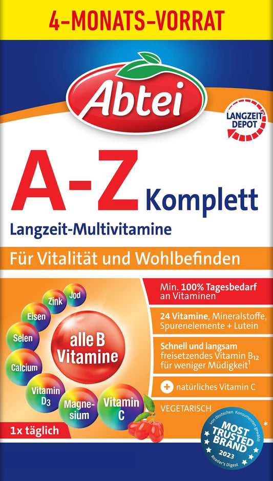 Abtei A-Z Komplett Langzeit-Multivitamine - 24 Vitamine und Mineralstoffe - hochdosiert, vegetarisch - 40 Depot-Tabletten - urmax