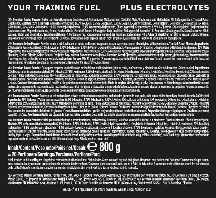 WEIDER Premium Amino Intra Workout Drink mit EAA/ BCAA Aminosäure Komplex hochdosiert, mit L-Glutamin, Elektrolyten und Dextrin für mehr Energie beim Training, Tropical, 800g - urmax