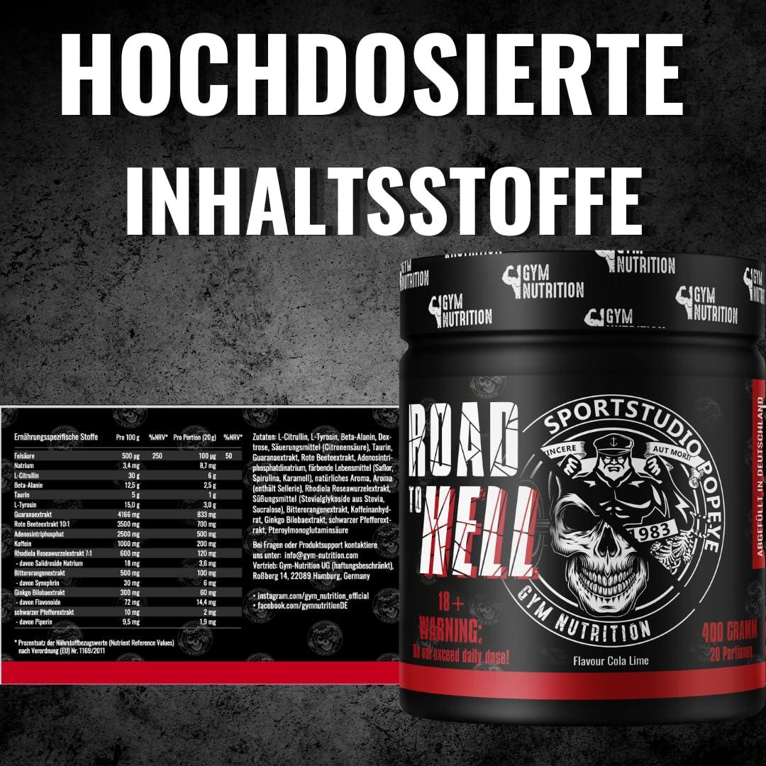 ROAD TO HELL - Ultra Hardcore Booster Pre workout - Pulver - ATP + L-Arginin + Citrullin + Beta Alanin + Koffein 400g in Zusammenarbeit mit Sportstudio Popeye Ice Tea Peach Geschmack Vegan - urmax