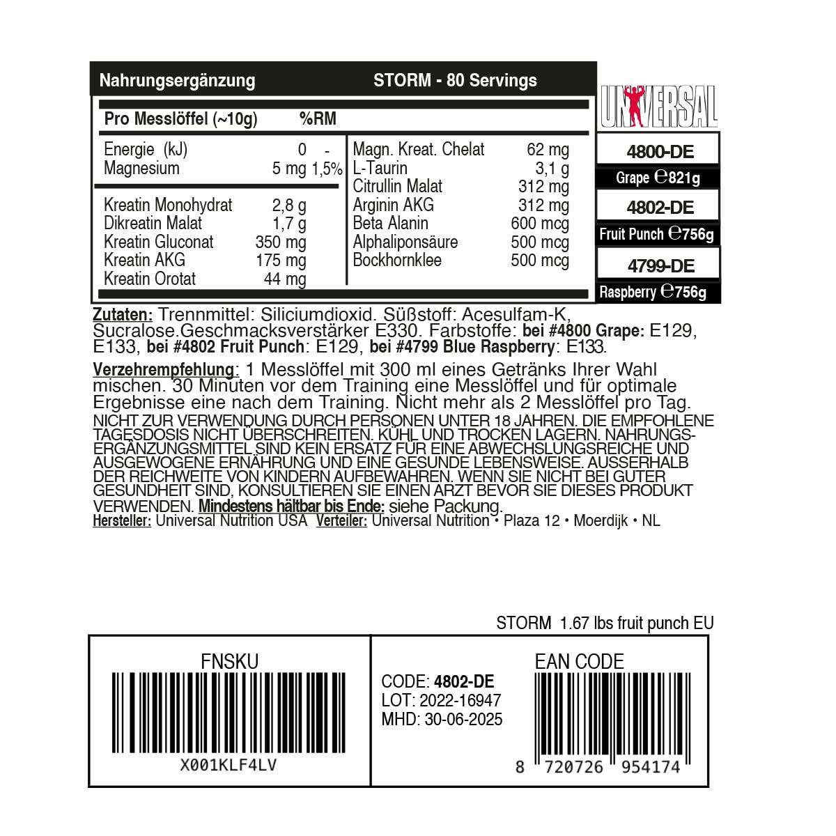 Universal Nutrition Storm Fruit Punch Powder | Creatine-Matrix Kreatin | Muskelaufbau - urmax