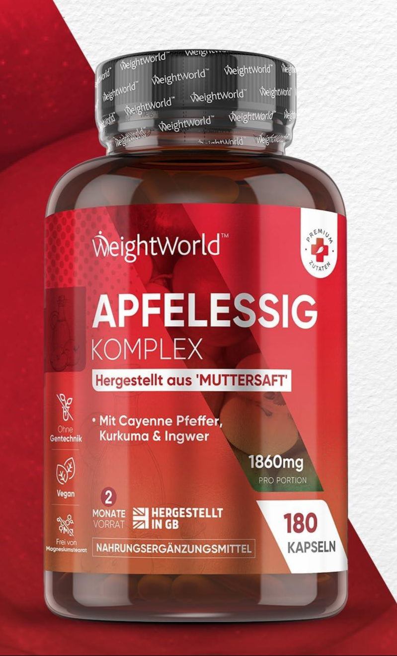 Apfelessig Kapseln - 1860mg Apfelessig Komplex mit Essigmutter & Probiotika mit Lactobacillus Gasseri, Kurkuma, Ingwer & Cayenne Pfeffer - 180 Stück für 2 Monate - Apple Cider Vinegar - WeightWorld - urmax