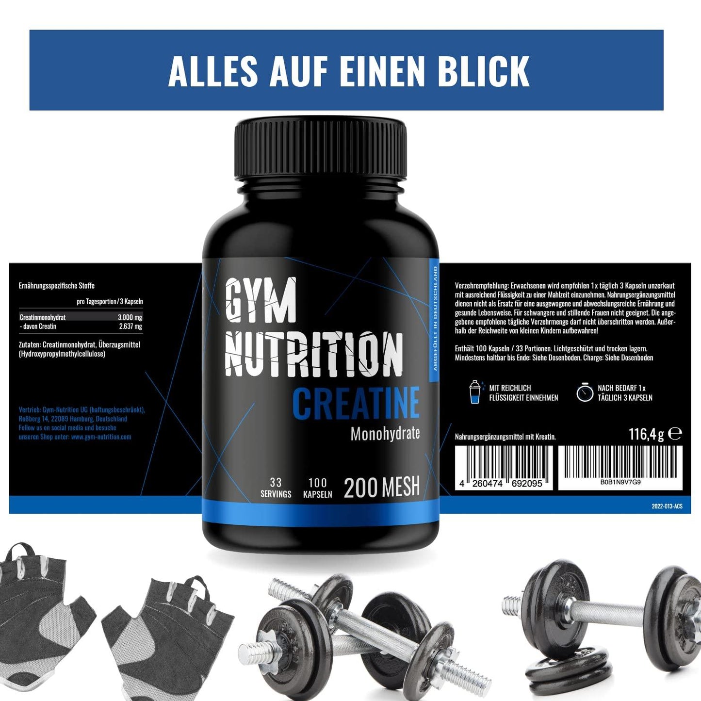 CREATIN Monohydrat Kapseln 3000mg Caps - 200 Creatine hochdosiert, Pures Kreatin Monohydrat - Mesh 200- Vegan, Abgefüllt in Deutschland Trainings & Fitness Ergänzungsmittel 66 Portionen - urmax
