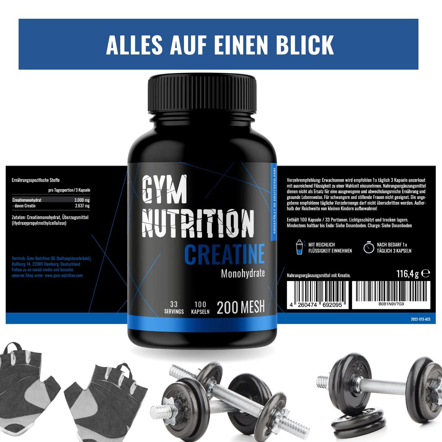 CREATIN Monohydrat Kapseln 3000mg Caps - 200 Creatine hochdosiert, Pures Kreatin Monohydrat - Mesh 200- Vegan, Abgefüllt in Deutschland Trainings & Fitness Ergänzungsmittel 66 Portionen - urmax