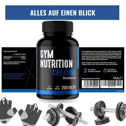 CREATIN Monohydrat Kapseln 3000mg Caps - 200 Creatine hochdosiert, Pures Kreatin Monohydrat - Mesh 200- Vegan, Abgefüllt in Deutschland Trainings & Fitness Ergänzungsmittel 66 Portionen - urmax