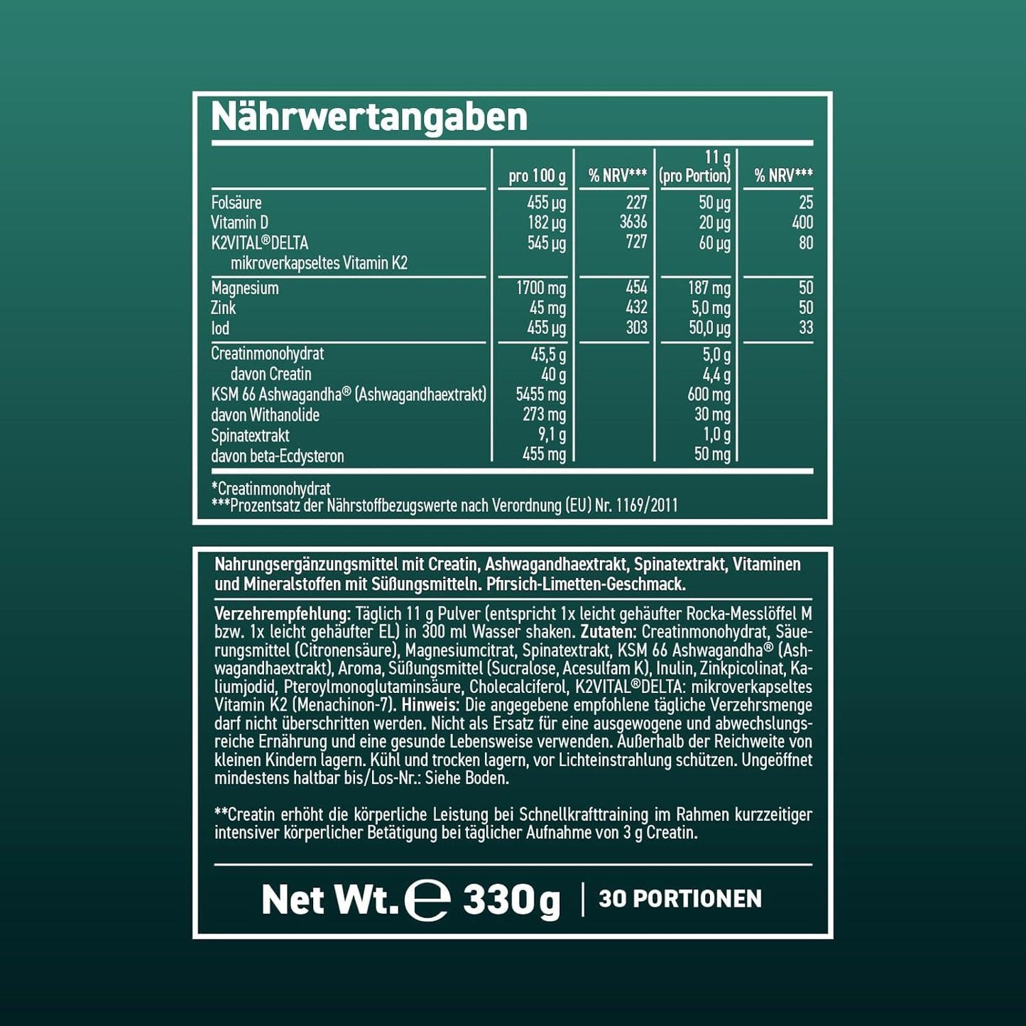 ⚡ Rocka Nutrition STRONG – 330 г | Мулти-нутриентен микс с креатин, ашваганда, витамин K2+D3, магнезий и цинк 🏋️ За мъже, които искат повече сила и издръжливост | Веган формула за мощ и възстановяване | Произведено в Германия - urmax