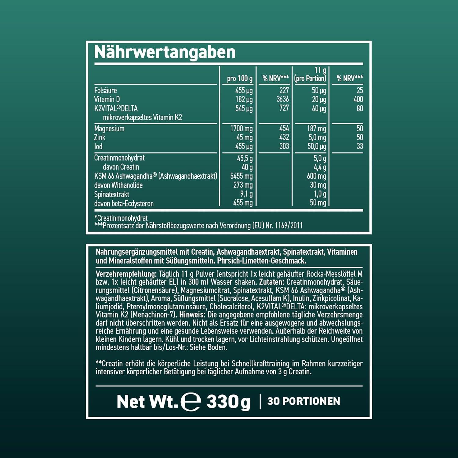 ⚡ Rocka Nutrition STRONG – 330 г | Мулти-нутриентен микс с креатин, ашваганда, витамин K2+D3, магнезий и цинк 🏋️ За мъже, които искат повече сила и издръжливост | Веган формула за мощ и възстановяване | Произведено в Германия - urmax
